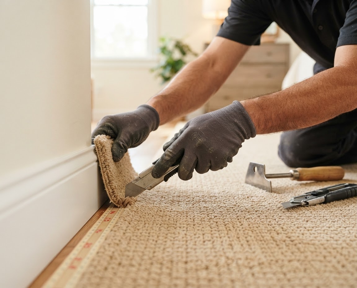 Installer trimming the edge of beige carpet along a white baseboard